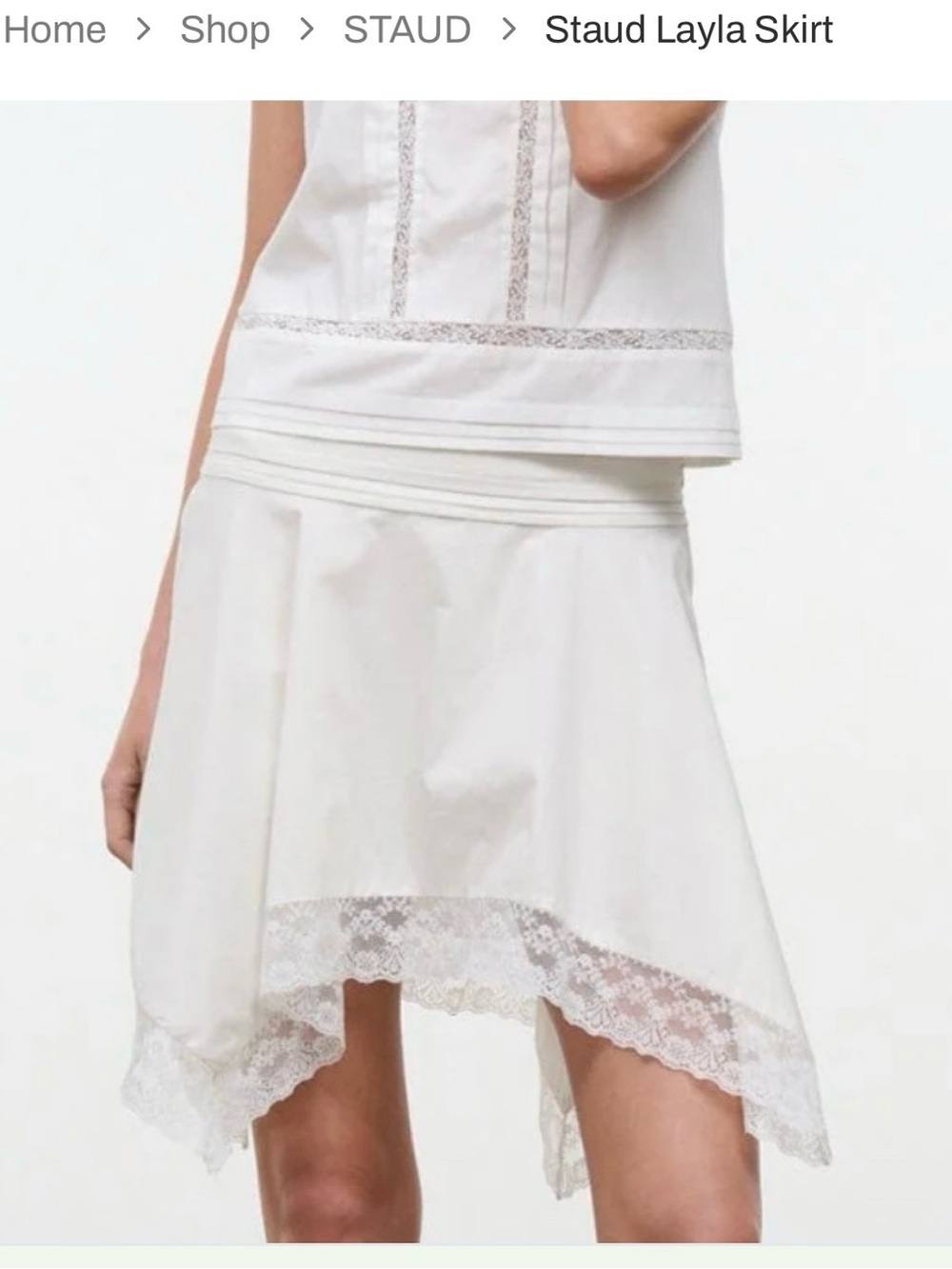 STAUD sample (see photos and description) White Asymmetrical Lace-Hem Skirt